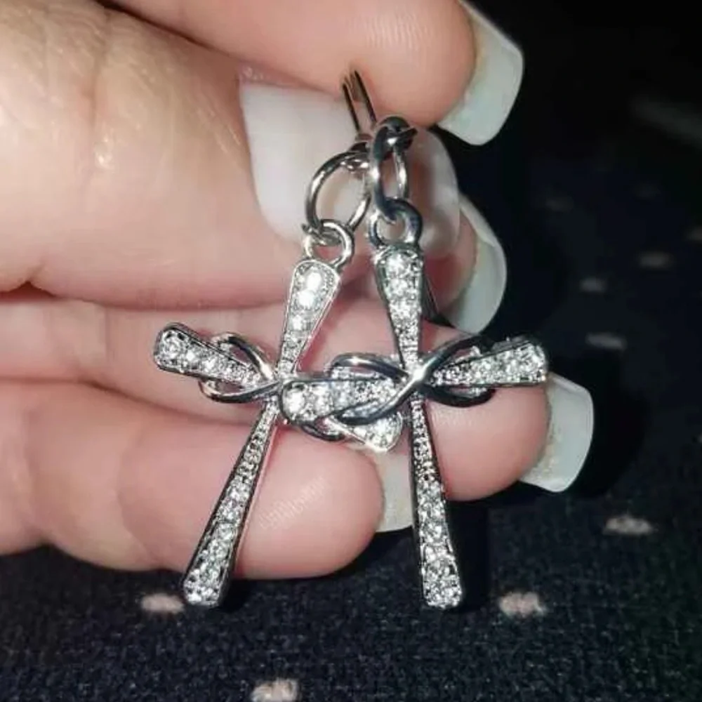 New Woman’s Sterling Silver Infinity Crucifix Cross White Sapphire Earrings